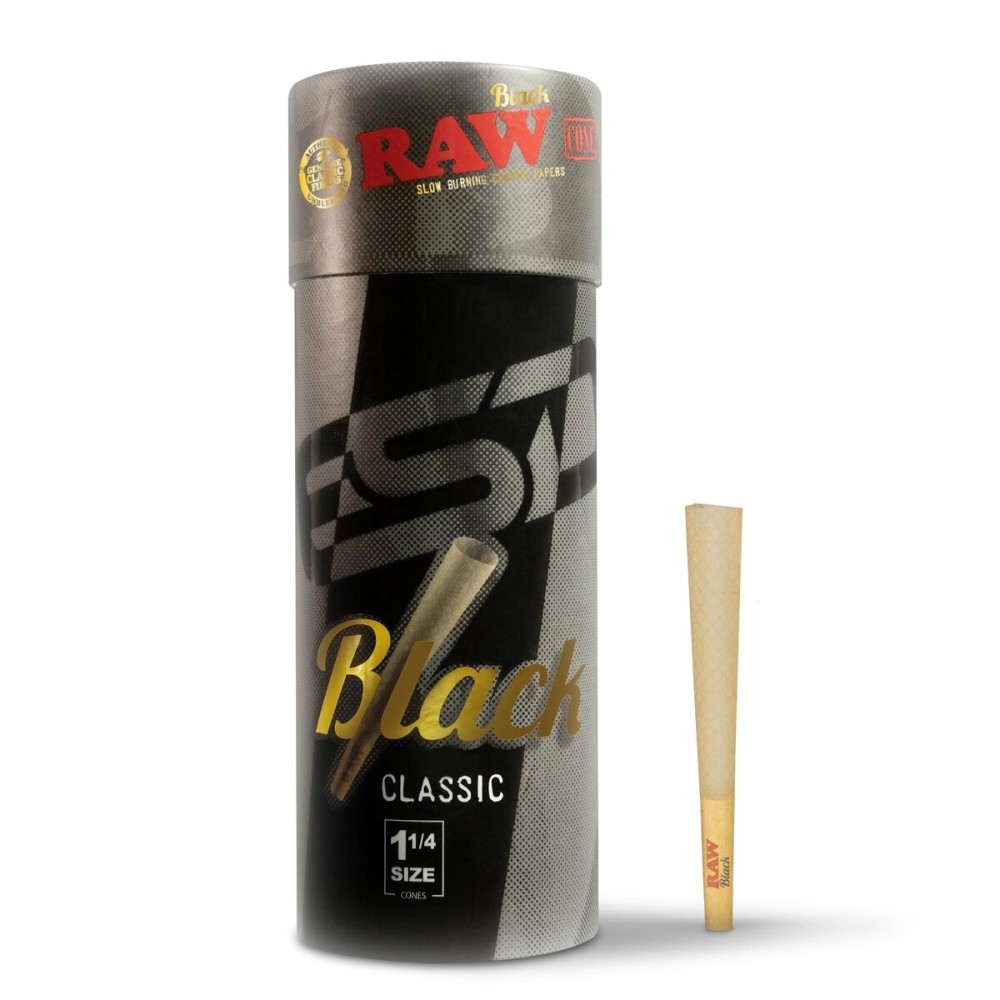 RAW Cones Classic Black 1-1/4 Size - 50 Pack - Slow Burning Pre Rolled Cones - Rolling Paper Pressed Extra Fine for Thin, Naturally Translucent Paper with Tips & Packing Tubes Included