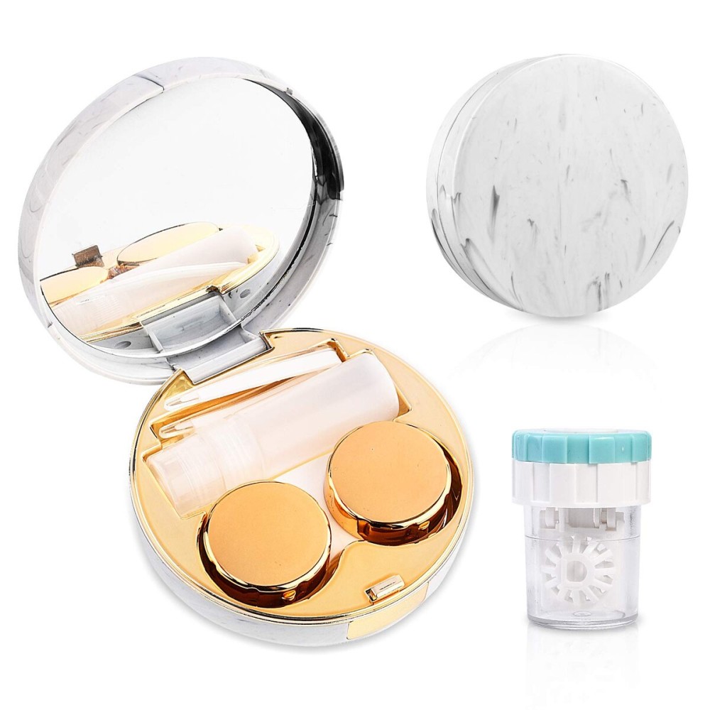 Contact Lens Travel Kit with Cleaner Washer, Portable Contact Box with Mirror Tweezers Remover Tool Solution Bottle for Daily Outdoor (Golden)