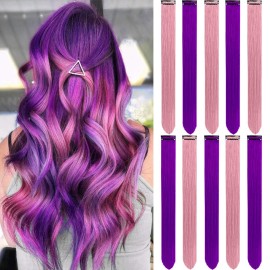 LADYAMZ Clip in Hair Extensions 10 PCS, 22 In Purple and Pink Hair Extensions, Long Straight Synthetic Hairpieces for Women