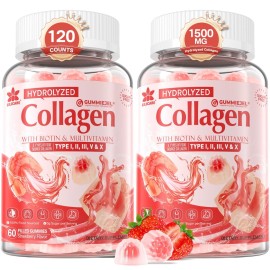 2Pack Sugar-Free Hydrolyzed Collagen Peptide Filled Gummies for Women & Men, with 1500mg Protein Type I,II,III,V,X, 5000mcg Biotin Vitamin C A E D3 B6 B12 for Immune Digestion Skin Hair Nails, Bone