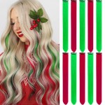 LADYAMZ Colored Hair Extensions 10 PCS, Colorful Party Highlights Clip in Long Synthetic Hairpieces, Red and Green Hair Extensions for Girls Women Kids Christmas New Year Cosplay Gifts 22 Inch