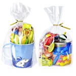 PigPotParty Cellophane Bags 8x11, 100 Pack Clear Gift Bags, Bottom Gusset for Stand-Up Display, Plastic Cellophane Gift Wrap, Ideal for Mugs, Goodies, Treats, Party Favors, Includes Gold Ties