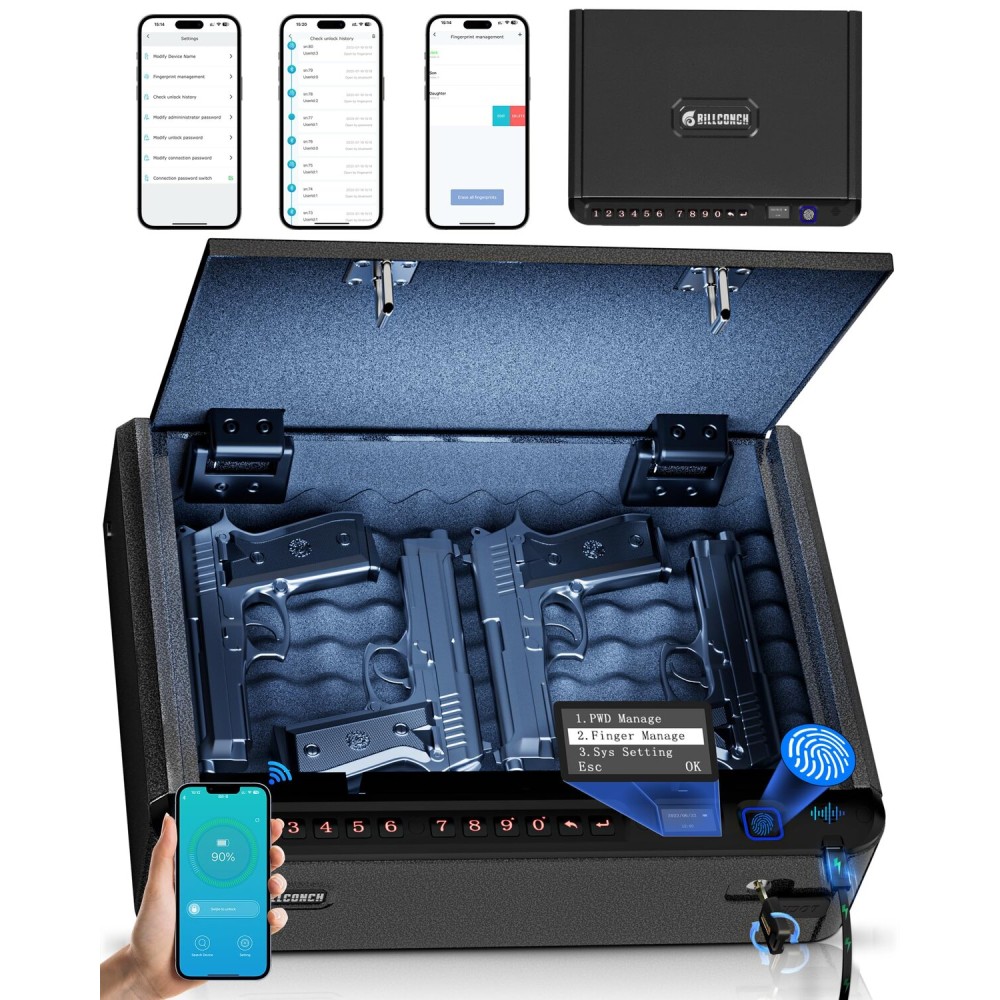 BILLCONCH Smart Gun Safe with Security Cable - Biometric Pistol Safe for Handgun 4 Ways Quick Access with Fingerprint/Keypad/Key/APP Lock, for Nightstand Bedside Home Car with LCD and Voice Guide