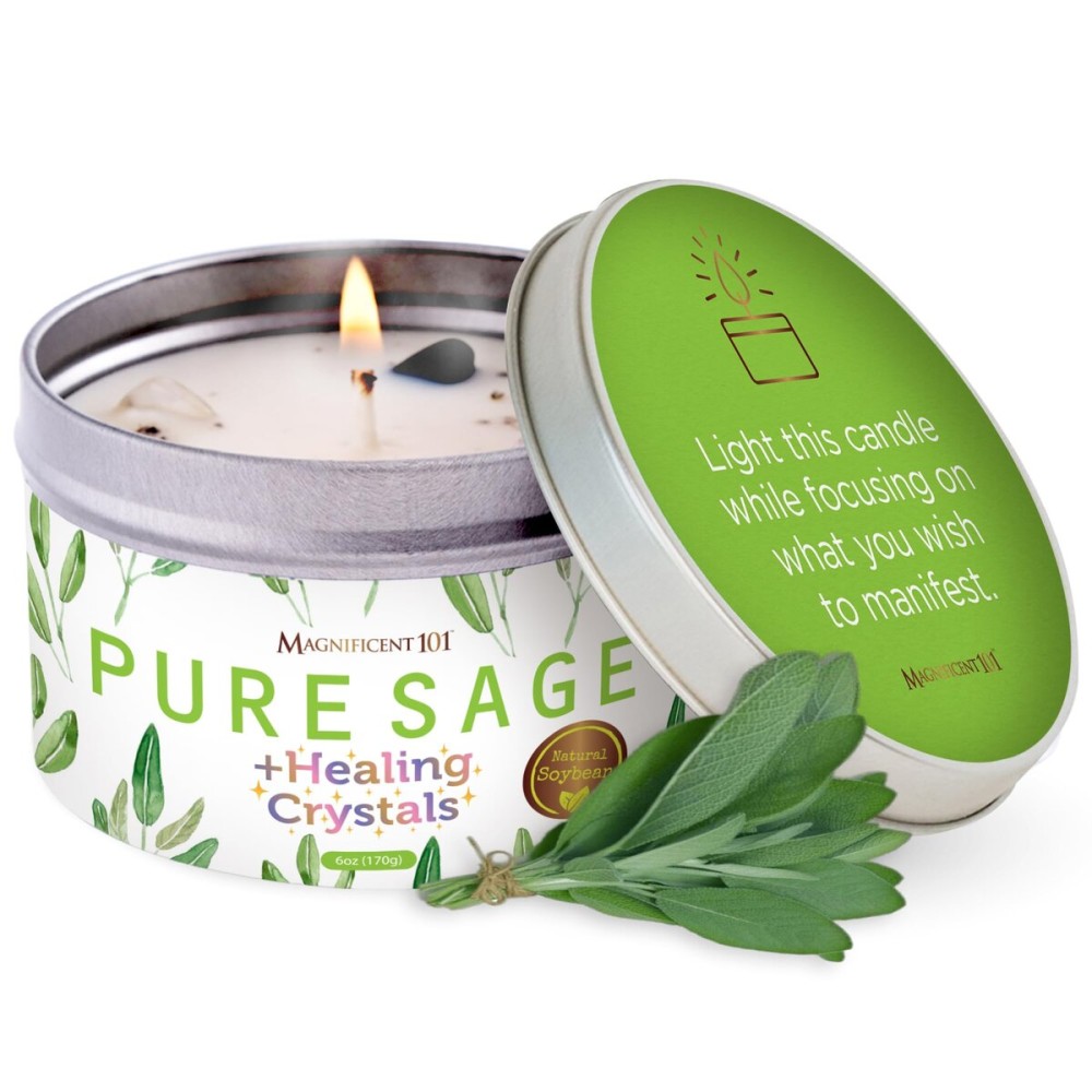 Magnificent 101 Long-Lasting Pure Sage Healing Crystals Candle | 6 Oz - 35-Hour Burn | All Natural Soy Wax, Rose Quartz, Amethyst, Moonstone & Black Tourmaline | House Energy Cleansing & Manifestation