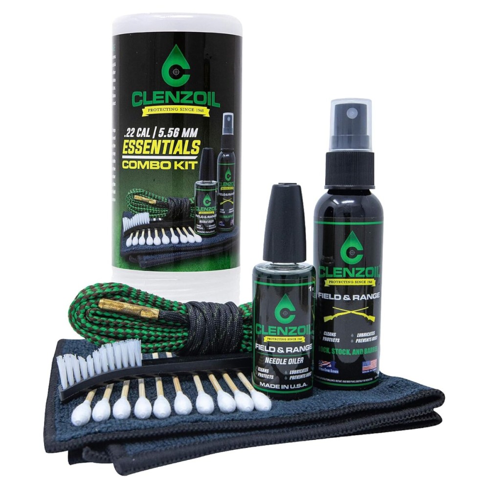 CLENZOIL Field & Range Pistol & Rifle Essentials Gun Cleaning Kit | CLP Spray & Oiler with Bore Cleaner | Clean, Lubricate & Protect | Nylon Brush, Bore Swabs & Microfiber (5.56mm | 22 Caliber)
