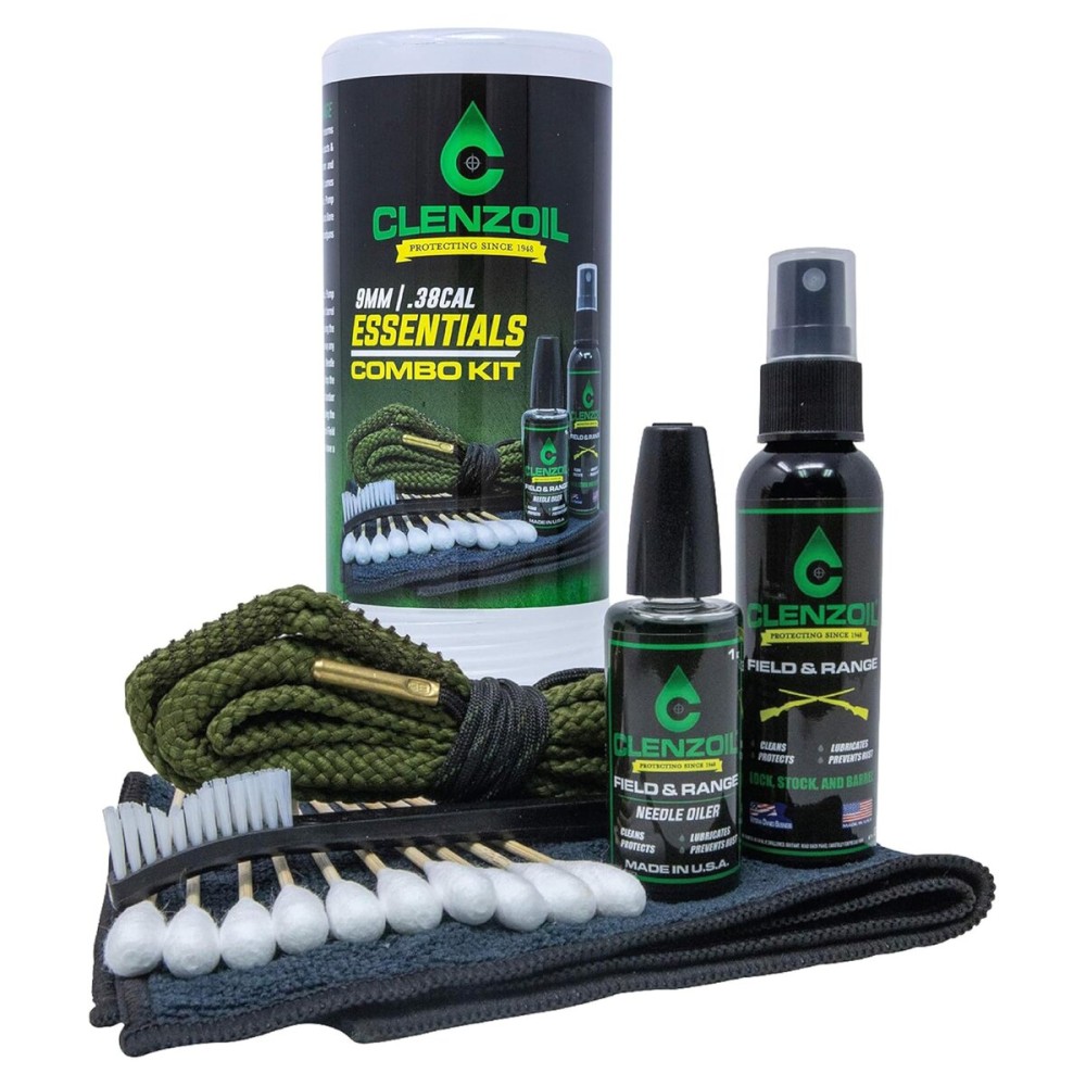 Clenzoil Pistol & Rifle Essentials Gun Cleaning Kit - Complete Gun Cleaning Kit - Easy Firearm Maintenance - with Bore Cleaner, Microfiber Towel, CLP Spray & Oiler - 9 mm / 38 Caliber