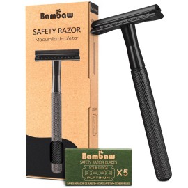 Bambaw Safety Razor for Men with 5 Double Edge Safety Razor Blades, Safety Razors for Men, Sustainable Metal Razor, Zero Waste - Black