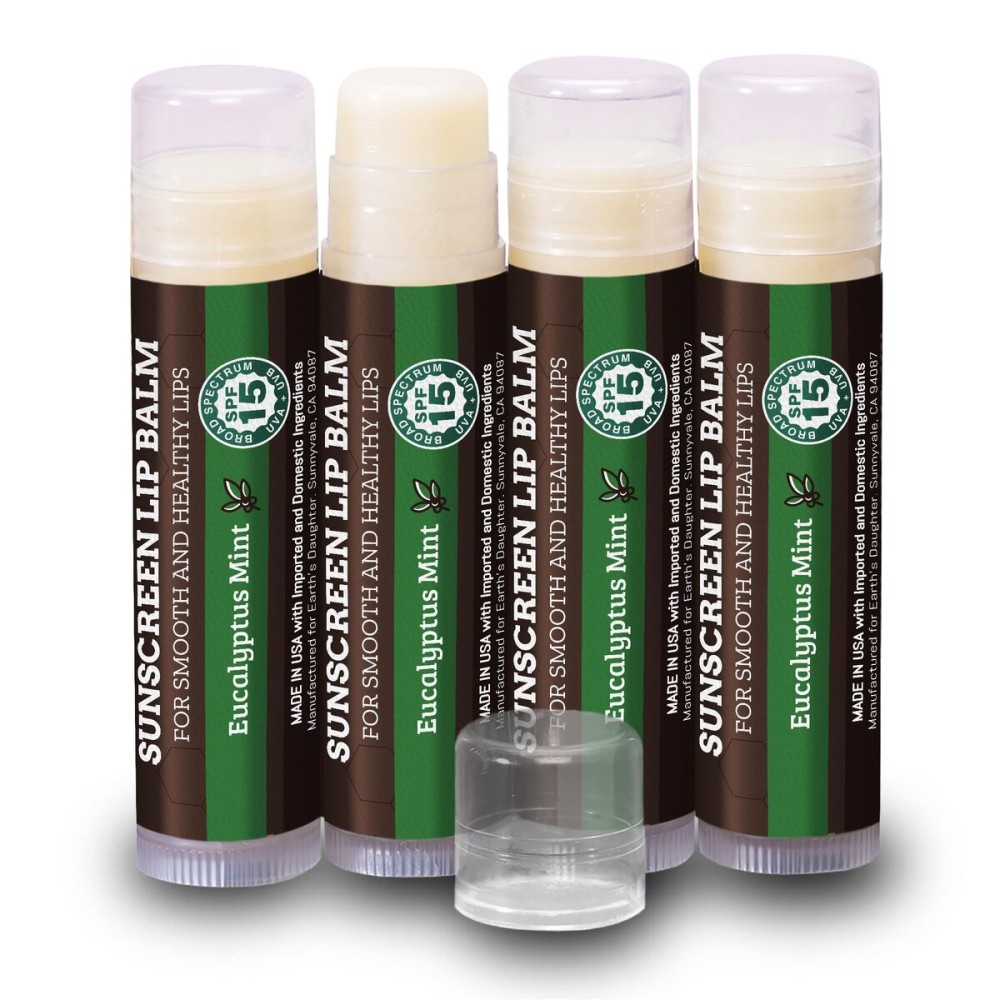 Earth\'s Daughter SPF Lip Balm Eucalyptus Mint Stocking Stuffers 4-Pack - Lip Sunscreen, SPF 15, Organic Ingredients, Beeswax, Coconut Oil, Vitamin E - Hypoallergenic, Gluten Free