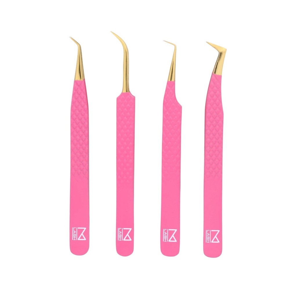 M LASH Tweezers for Eyelash Extensions (Set of 4) - Professional Lash Extension Tweezers - Fiber Tip, Japanese Steel, Diamond Grip Eyelash Extension Tweezer set (Pink)