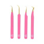 M LASH Tweezers for Eyelash Extensions (Set of 4) - Professional Lash Extension Tweezers - Fiber Tip, Japanese Steel, Diamond Grip Eyelash Extension Tweezer set (Pink)