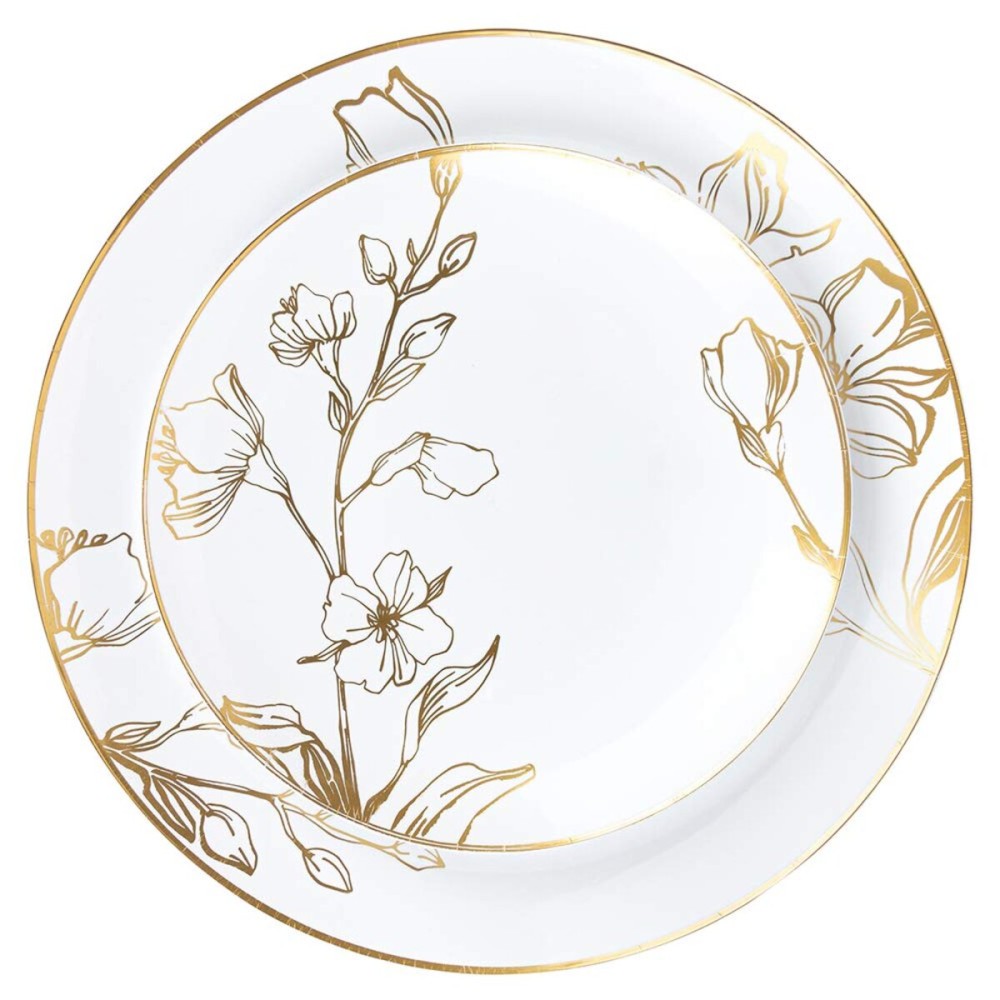 PLASTICPRO 32 Piece Combo Plates Set includes 16-7\'\' inch Plates & 16-10\'\' inch Plate White Plastic Floral Design Party Plate With Gold Rim, Premium heavyweight Elegant, Tableware,
