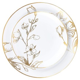 PLASTICPRO 32 Piece Combo Plates Set includes 16-7\'\' inch Plates & 16-10\'\' inch Plate White Plastic Floral Design Party Plate With Gold Rim, Premium heavyweight Elegant, Tableware,