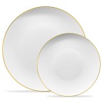 PLASTICPRO 64 Piece Combo Plates Set includes 32 7\'\' inch Plates & 32 10\'\' inch Plates White Plastic Organic Party Plates With Gold Rim, Premium heavyweight Elegant, Tableware, Dishes,