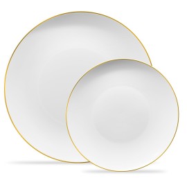 PLASTICPRO 64 Piece Combo Plates Set includes 32 7\'\' inch Plates & 32 10\'\' inch Plates White Plastic Organic Party Plates With Gold Rim, Premium heavyweight Elegant, Tableware, Dishes,