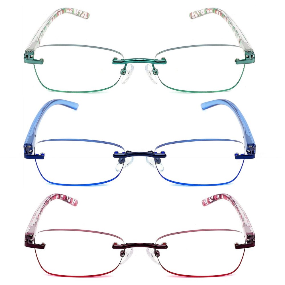 JJWELL 3 Pack Blue Light Blocking Reading Glasses for Women, Anti Eyestrain/Computer Glare UV 400 Filter Readers with Spring Hinge, Lightweight Rimless Tinted Metal Blue Rays Eyeglasses (1.25)
