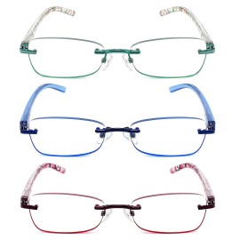 JJWELL 3 Pack Blue Light Blocking Reading Glasses for Women, Anti Eyestrain/Computer Glare UV 400 Filter Readers with Spring Hinge, Lightweight Rimless Tinted Metal Blue Rays Eyeglasses (1.25)