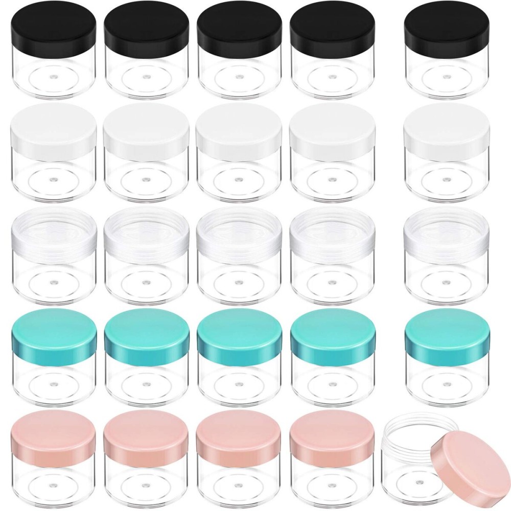 20 Pieces Round Pot Jars Plastic Cosmetic Containers Set with Lid for Liquid Creams Sample, 20 ml/ 0.7 oz (Black, White, Clear, Pink, Teal Lid)