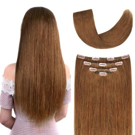 12 Clip in Hair Extensions Remy Human Hair for Women - Silky Straight Clip in Hair Extensions Human Hair 50grams 4pieces Chestnut Brown 8 Color (12inches, 8)