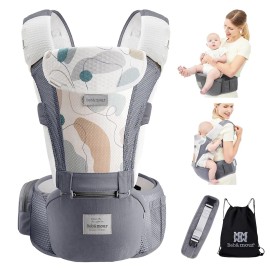 Bebamour Baby Carrier Newborn to Toddler-Baby Hip Carrier Front and Back Carry with Head Hood & 3 Pieces Teething Pads& Waist Extenders & Storage Bag (Grey)