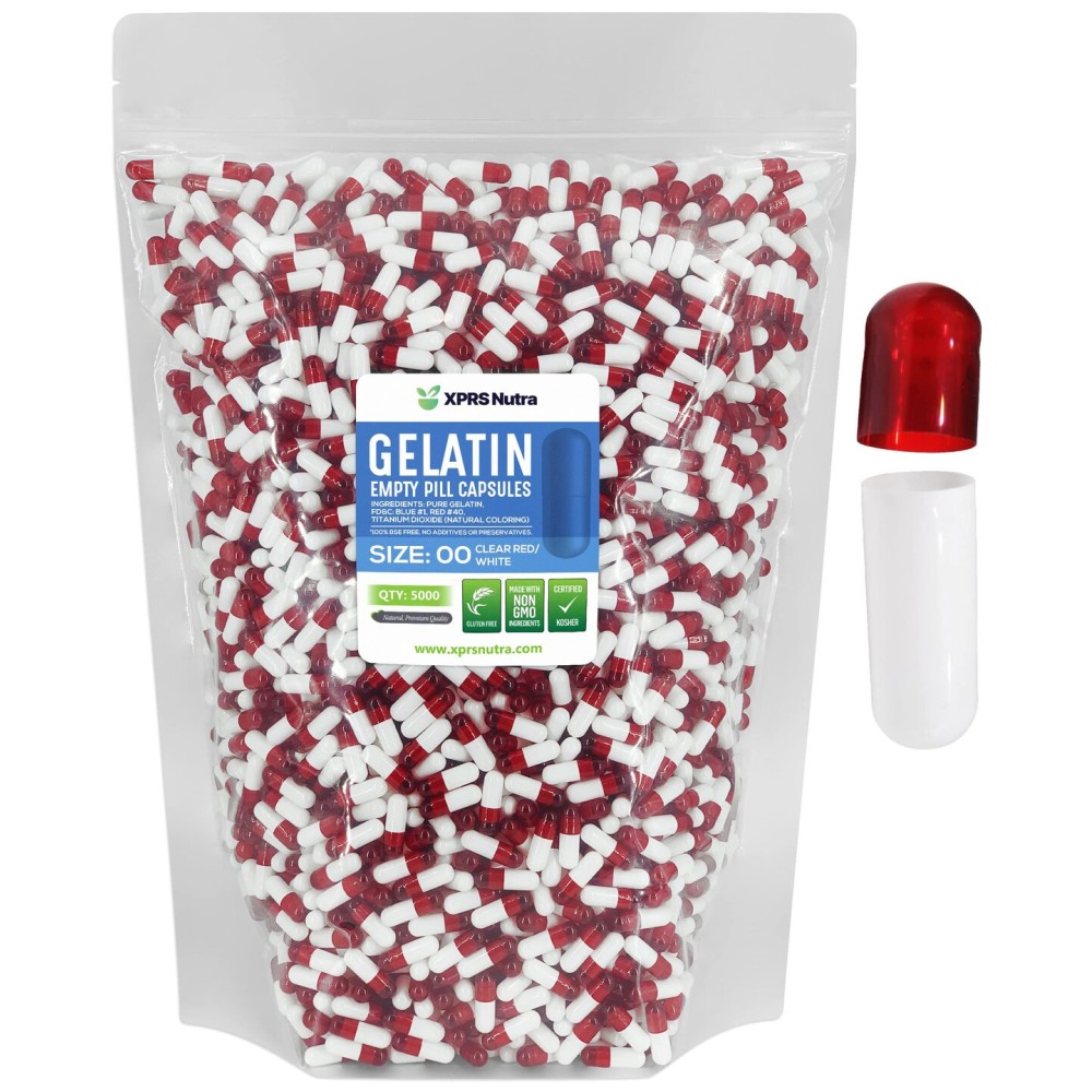 XPRS Nutra Size 00 Empty Capsules - 5000 Count Empty Gelatin Capsules - Pills DIY Capsule Filling - Fillable Pill Gel Caps for Do It Yourself Supplements (Clear Red/White)