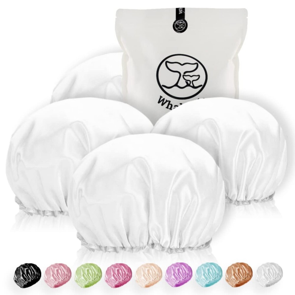 Shower Cap for Women Reusable Extra Large Shower Cap for Men (White 4 Pack Large) Satin Double Layer EVA Waterproof Long Hair Cap