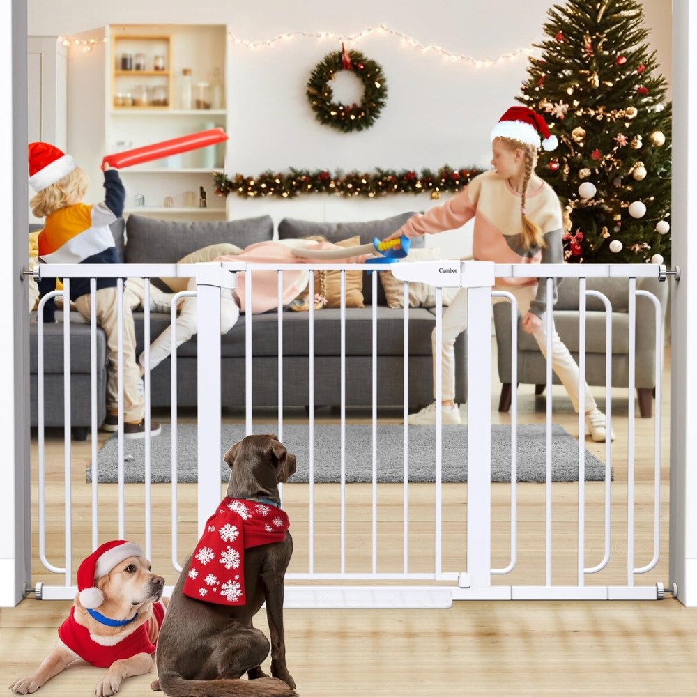 Cumbor 29.7-57 Extra Wide Baby Gate for Stairs, Mom\'s Choice Awards Winner-Dog Gate for Doorways, Pressure Mounted Walk Through Safety Child Gate for Kids Toddler, Tall Pet Puppy Fence Gate, White