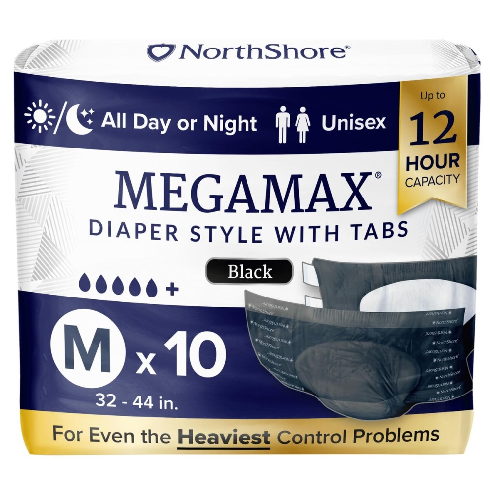 NorthShore MegaMax Adult Overnight Diapers, 12-Hour Tab-Style, Medium, 10 Count Bag, Black, 32-44 inches, Unisex Incontinence Underwear