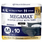 NorthShore MegaMax Adult Overnight Diapers, 12-Hour Tab-Style, Medium, 10 Count Bag, Black, 32-44 inches, Unisex Incontinence Underwear