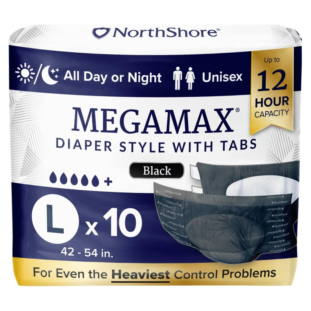 NorthShore MegaMax Adult Overnight Diapers, 12-Hour Tab-Style, Large, 10 Count Bag, Black, 42-54 inches, Unisex Incontinence Underwear