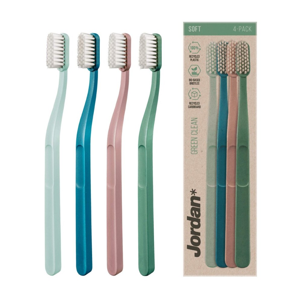 Jordan Green Clean Manual Toothbrush - Sustainable, Scandinavian Design, Soft Bristles, Mixed Colors, 4 Units