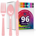 DecorRack Plastic Cutlery Set, Pink Colored Plastic Silverware Sets for Parties, 96 Piece Bulk Heavy Duty Utensils (Pink, 96 Pieces)