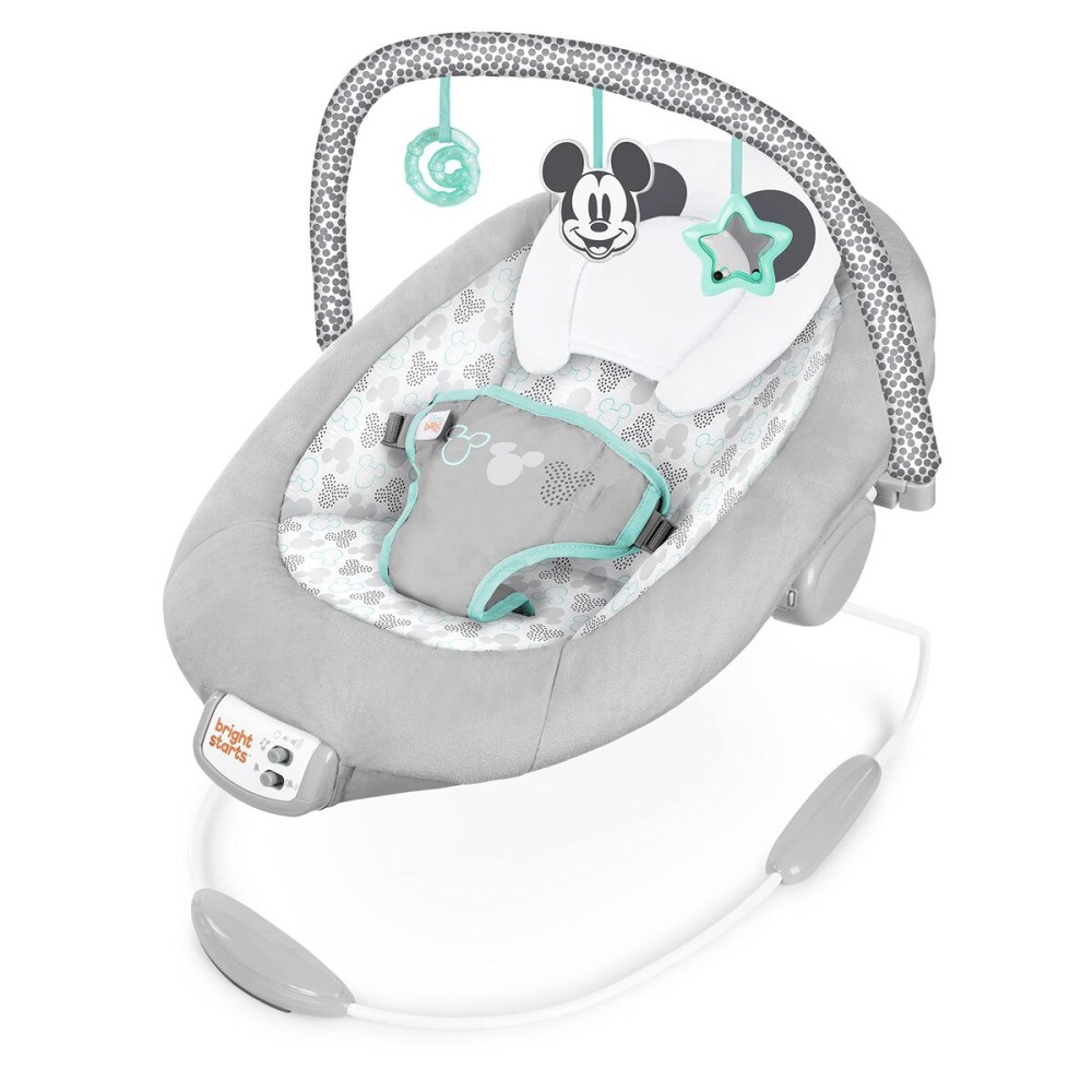 Bright Starts Mickey Mouse Comfy Disney Baby Bouncer in Cloudscapes Includes -Toy Bar with 3 Cute Toys, Plays 7 Soothing Melodies w/Auto Shut-Off, Age 0-6 Months