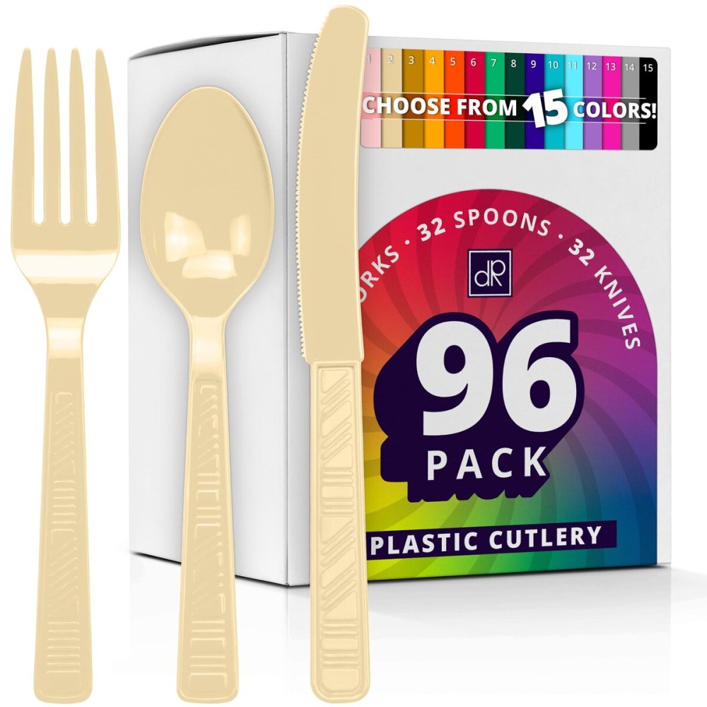 DecorRack Plastic Cutlery Set, Cream Colored Plastic Silverware Sets for Parties, 96 Piece Bulk Heavy Duty Utensils (Cream, 96 Pieces)
