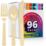 DecorRack Plastic Cutlery Set, Cream Colored Plastic Silverware Sets for Parties, 96 Piece Bulk Heavy Duty Utensils (Cream, 96 Pieces)
