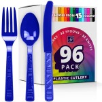 DecorRack Plastic Cutlery Set, Royal Blue Colored Plastic Silverware Sets for Parties, 96 Piece Bulk Heavy Duty Utensils (Royal Blue, 96 Pieces)