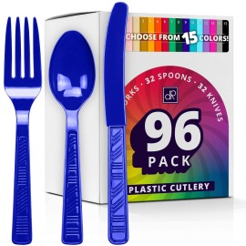 DecorRack Plastic Cutlery Set, Royal Blue Colored Plastic Silverware Sets for Parties, 96 Piece Bulk Heavy Duty Utensils (Royal Blue, 96 Pieces)