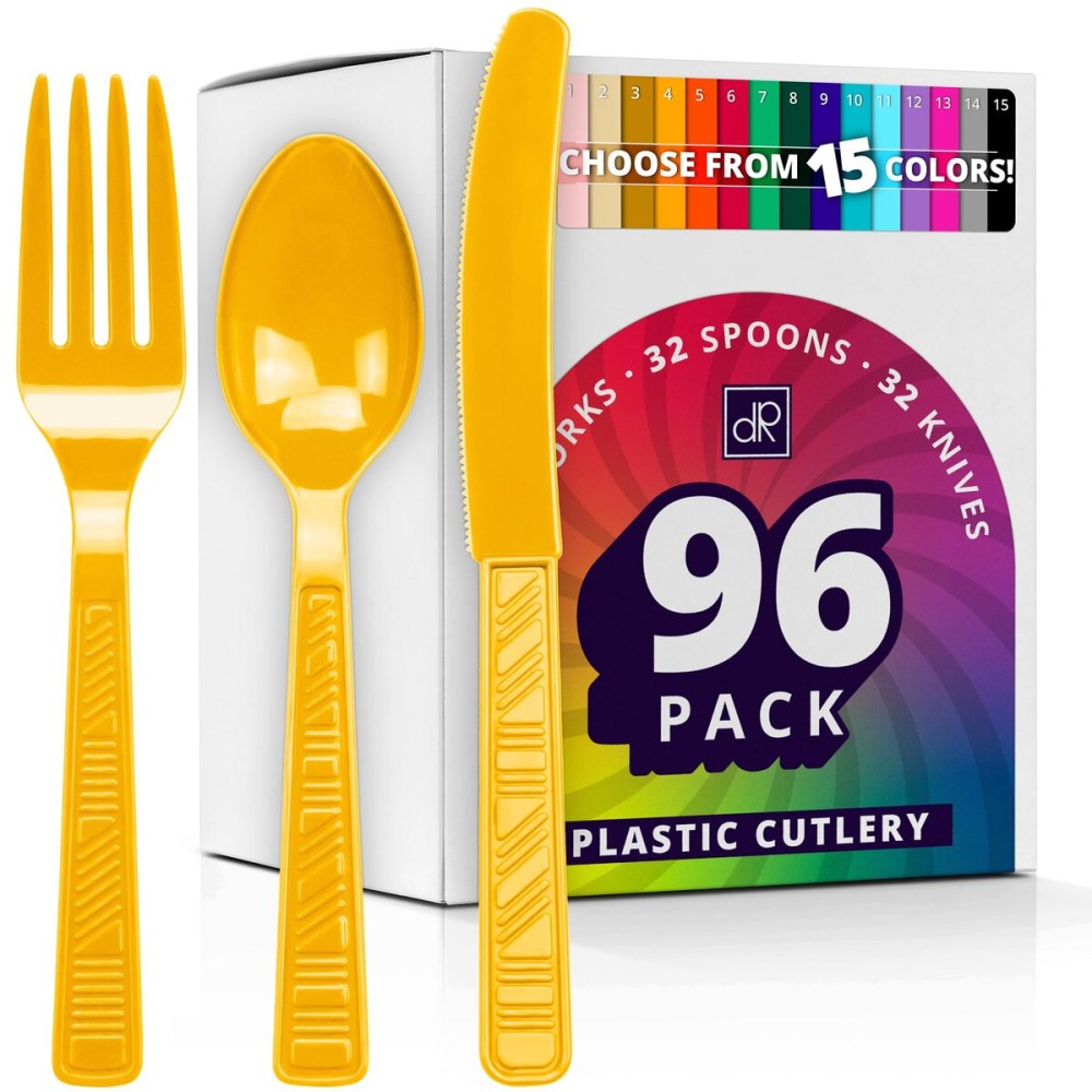 DecorRack Plastic Cutlery Set, Yellow Colored Plastic Silverware Sets for Parties, 96 Piece Bulk Heavy Duty Utensils (Yellow, 96 Pieces)