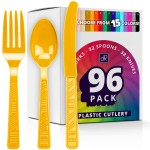 DecorRack Plastic Cutlery Set, Yellow Colored Plastic Silverware Sets for Parties, 96 Piece Bulk Heavy Duty Utensils (Yellow, 96 Pieces)