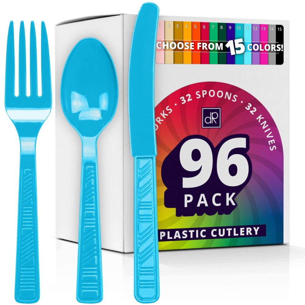 DecorRack Plastic Cutlery Set, Turquoise Colored Plastic Silverware Sets for Parties, 96 Piece Bulk Heavy Duty Utensils (Turquoise, 96 Pieces)