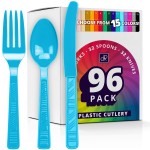 DecorRack Plastic Cutlery Set, Turquoise Colored Plastic Silverware Sets for Parties, 96 Piece Bulk Heavy Duty Utensils (Turquoise, 96 Pieces)