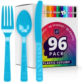 DecorRack Plastic Cutlery Set, Turquoise Colored Plastic Silverware Sets for Parties, 96 Piece Bulk Heavy Duty Utensils (Turquoise, 96 Pieces)