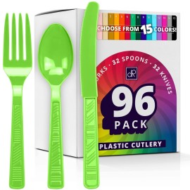 DecorRack Plastic Cutlery Set, Lime Green Colored Plastic Silverware Sets for Parties, 96 Piece Bulk Heavy Duty Utensils (Lime Green, 96 Pieces)