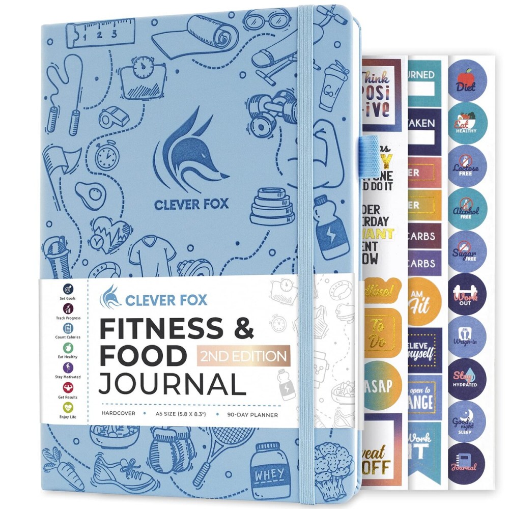 Clever Fox Fitness & Food Journal - Nutrition & Workout Planner for Women & Men - Diet & Gym Exercise Log Book with Calendars, Diet & Training Trackers - Undated, A5 Size, Hardcover (Light Blue)
