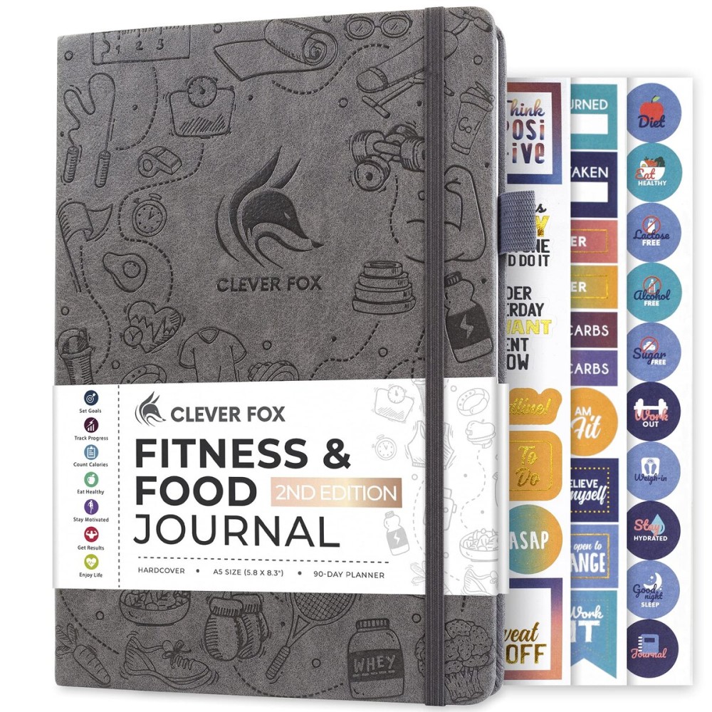 Clever Fox Fitness & Food Journal - Nutrition & Workout Planner for Women & Men - Diet & Gym Exercise Log Book with Calendars, Diet & Training Trackers - Undated, A5 Size, Hardcover (Grey)
