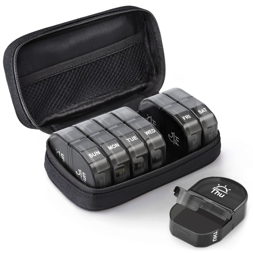 AUVON Canvas Bag Travel Pill Organizer 2 Times a Day, Large AM/PM Weekly Pill Box 7 Day Pill Case with Portable Black Zipper Cloth Bag for Holding Supplements, Vitamins and Fish Oils