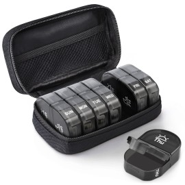 AUVON Canvas Bag Travel Pill Organizer 2 Times a Day, Large AM/PM Weekly Pill Box 7 Day Pill Case with Portable Black Zipper Cloth Bag for Holding Supplements, Vitamins and Fish Oils