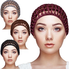 Geyoga 4 Pieces Mesh Crochet Hair Net Rayon Knit Snood Hat Thick Short Women Hairnet Snoods Cover Ornament for Sleeping (Black, Gray, Wine Red, Brown)