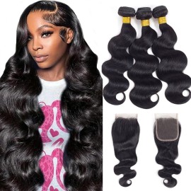 12A Body Wave Bundles with Closure Human Hair (24 26 28+22) 100% Unprocessed Brazilian Virgin Human Hair Bundles with 4x4 Lace Closure Free Part Natural Color