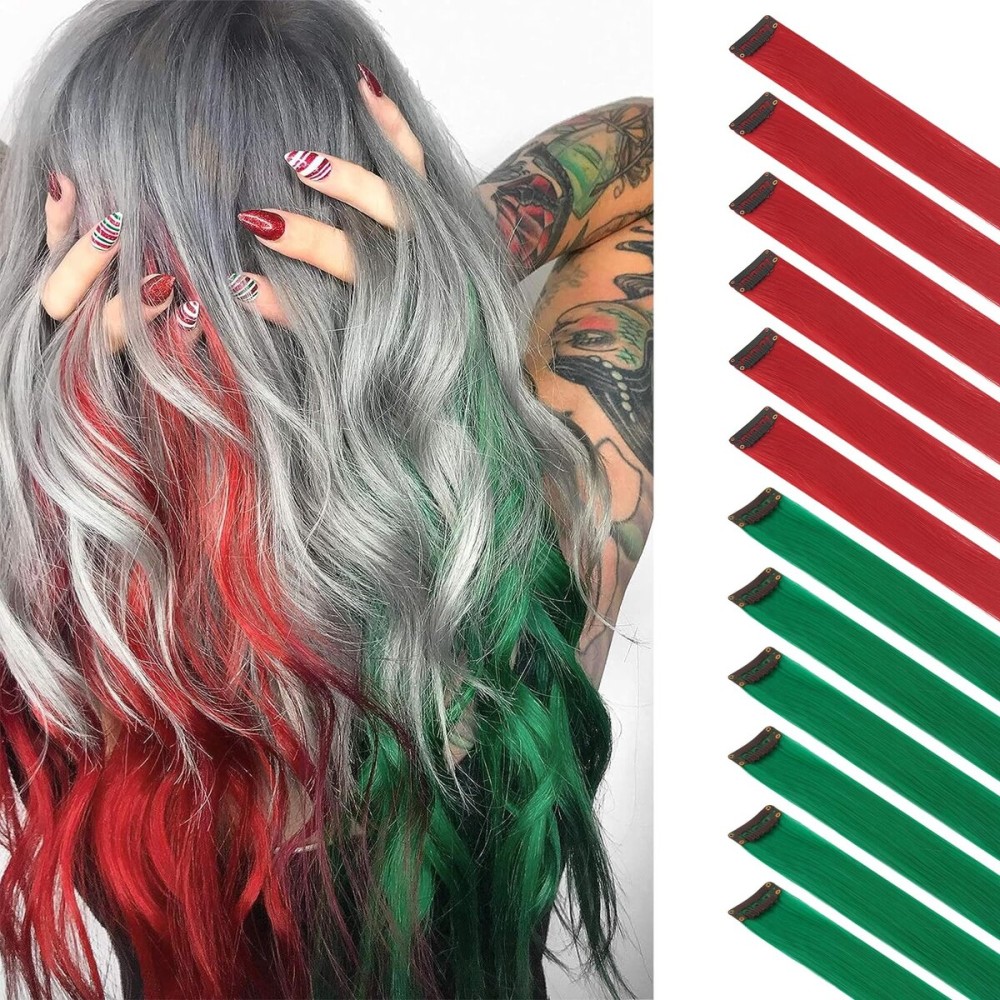 FESHFEN Colored Clip in Hair Extensions - 12 PCS Red and Green Colorful Highlighted Hair Piece Straight Synthetic Clip in Hairpieces for Women 22 inch