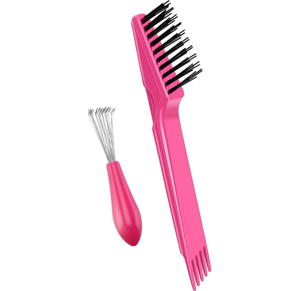 Boao 2 Pieces Hair Brush Cleaning Tool Comb Set Mini Hair Brush Dirt Remover with Metal Wire Rake for Removing Hair Dust Home and Salon Use(Pink and Pink)